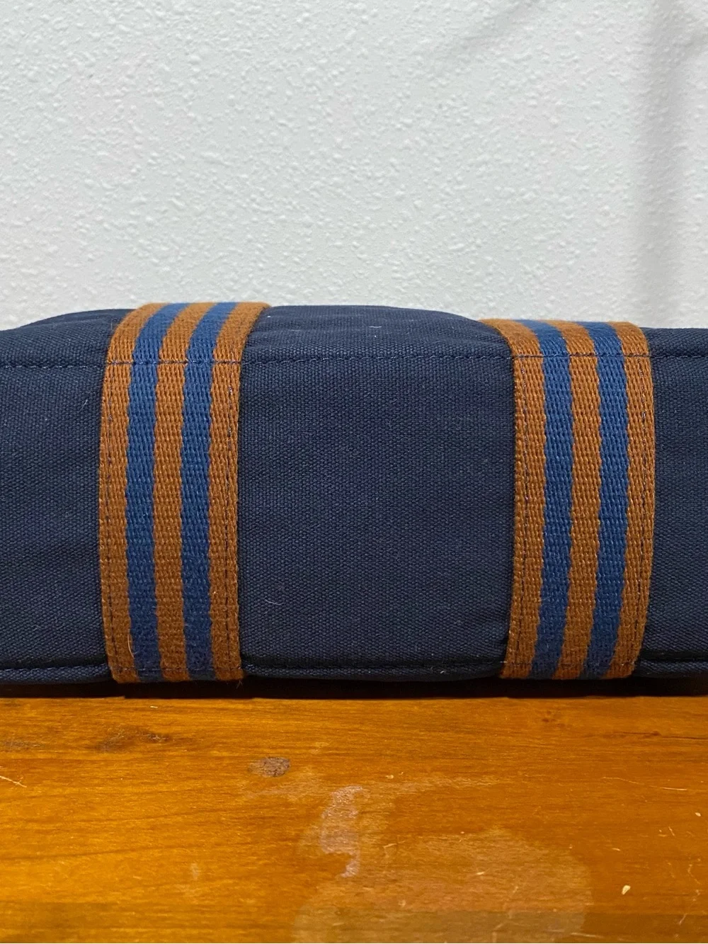 Navy Canvas Tote Bag with Striped Brown Handles